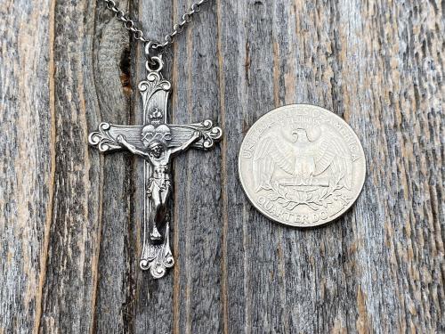 Sterling Silver Sacred Heart of Jesus Crucifix, Pendant Necklace, Antique Replica, Large Sterling Silver Crucifix, Big Sacred Heart Pendant