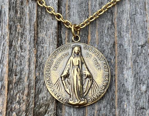 Antique Gold Round Miraculous Medal Pendant Necklace, Antique Replica, Miraculous Medallion, Blessed Virgin Mary Pendant, Lady of Grace, MM2