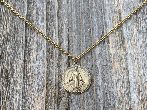 Antique Gold Round Miraculous Medal Pendant Necklace, Antique Replica, Miraculous Medallion, Blessed Virgin Mary Pendant, Lady of Grace, MM2