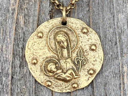 Antique Gold Large Mother Mary and Baby Jesus Fleur de Lis Pendant, French Antique Replica Medal, Rolo Chain Necklace, Artist Elie Pellegrin