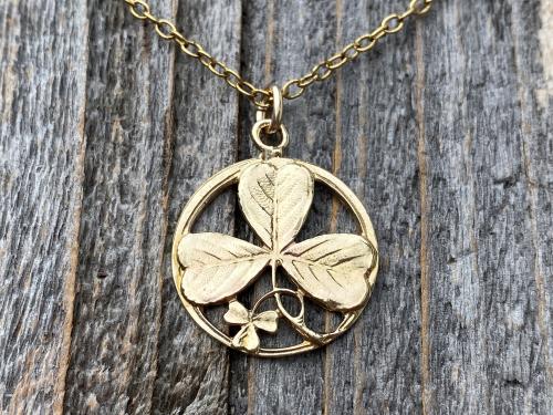 Gold Shamrock Pendant Necklace, Saint Patrick Doctrine of Trinity Medal, Antique Replica, Holy Trinity Medal, Irish Catholic Gift Necklace