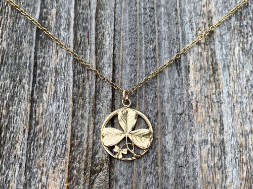 Gold Shamrock Pendant Necklace, Saint Patrick Doctrine of Trinity Medal, Antique Replica, Holy Trinity Medal, Irish Catholic Gift Necklace