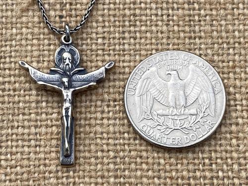 Sterling Silver Trinity Crucifix Pendant Necklace, Antique Replica, Father Son and Holy Spirit 3-in-1 Crucifix, Latin "A HERI HODIE SEMPER"