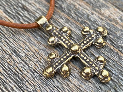 Antique Gold Coptic Trinity Cross Pendant, Gold Chain or Leather Cord Necklace, Antique Replica from 19th C, Large Christian Cross Pendant