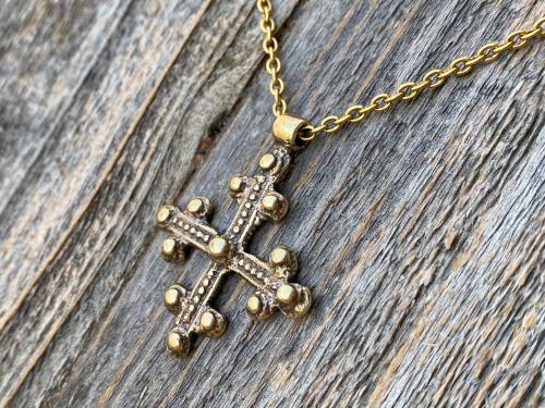 Antique Gold Coptic Trinity Cross Pendant, Gold Chain or Leather Cord Necklace, Antique Replica from 19th C, Large Christian Cross Pendant