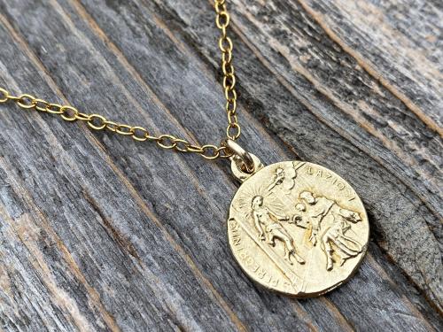 Gold St. Peregrine Laziosi Medal Pendant Necklace, Antique Replica, Patron Saint of Cancer Patients, Saint Peregrinus, Saint Pellegrino