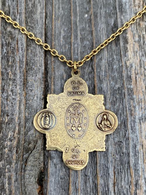 Antique Gold Miraculous Medal Pendant Necklace, 5-Way Marian Devotions Medallion, Antique Replica, Rare Blessed Virgin Mary Miraculous