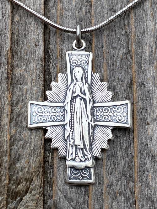 Sterling Silver Blessed Virgin Mary Medal Pendant Necklace, Antique Replica, Radiant Our Lady Medal, Our Lady of the Rosary Pendant, Cross