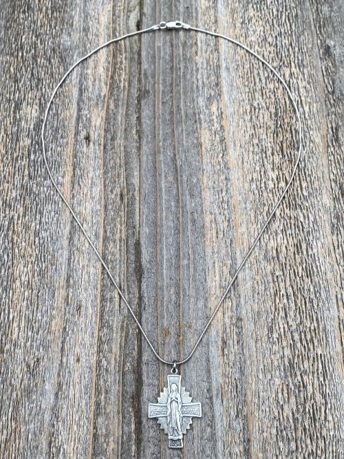 Sterling Silver Blessed Virgin Mary Medal Pendant Necklace, Antique Replica, Radiant Our Lady Medal, Our Lady of the Rosary Pendant, Cross