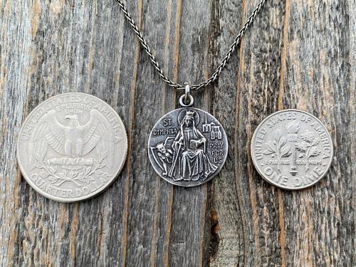 Sterling Silver St. Dymphna Medal and Necklace, Antique Replica Saint Dymphna Pendant, Saint of Anxiety, Saint of Mental Illness Pray For Us