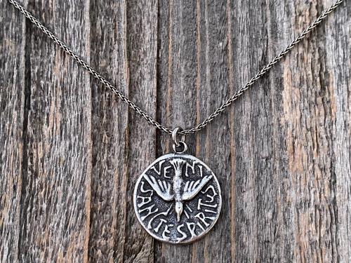 Sterling Silver Holy Spirit Medal Pendant Necklace, Antique Replica, Latin, Veni Sancte Spiritus, Come Holy Spirit, Descending Dove Pendant