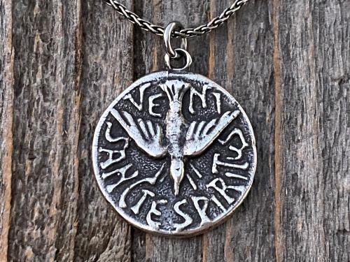 Sterling Silver Holy Spirit Medal Pendant Necklace, Antique Replica, Latin, Veni Sancte Spiritus, Come Holy Spirit, Descending Dove Pendant