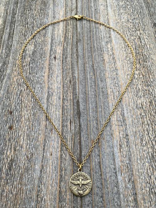 Antique Gold Come Holy Spirit Medal, Holy Ghost Pendant Necklace, Antique Replica, Sacred Heart of Jesus, Veni Sancte Spiritus Medal, VSS-1