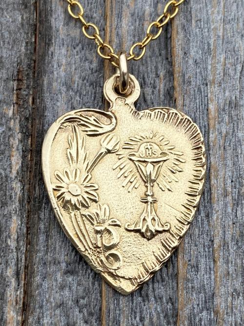 Gold First Communion Heart Pendant Necklace, Antique Replica French Medal, Chalice Flowers, Art Nouveau Medal, Holy Eucharist Heart Gift