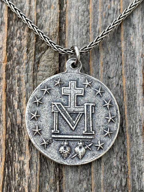 Sterling Silver Large French Miraculous Medallion, Antique Replica, Big Round Miraculous Medal, Miraculous Pendant Necklace, by OBC, France