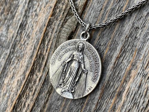 Sterling Silver Large French Miraculous Medallion, Antique Replica, Big Round Miraculous Medal, Miraculous Pendant Necklace, by OBC, France