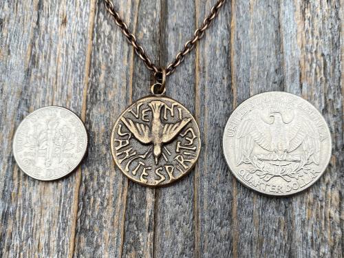 Bronze Holy Spirit Dove Pendant, Antique Replica, Latin Veni Sancte Spiritus Medal, from Argentina, Holy Ghost Necklace, Come Holy Spirit