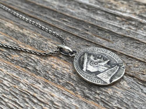 Sterling Silver St Francis of Assisi Medal Pendant Necklace, French Antique Replica, By L. Tricard, Saint Francois D'Assise Priez Pour Nous