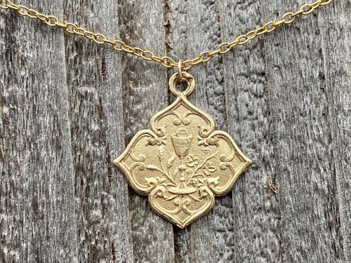 Gold Holy Eucharist, Holy Communion, Wavy Diamond Pendant Medal Necklace, Antique Replica from France, French Art Nouveau Communion Medal