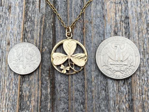 Gold Shamrock Pendant Necklace, Saint Patrick Doctrine of Trinity Medal, Antique Replica, Holy Trinity Medal, Irish Catholic Gift Necklace