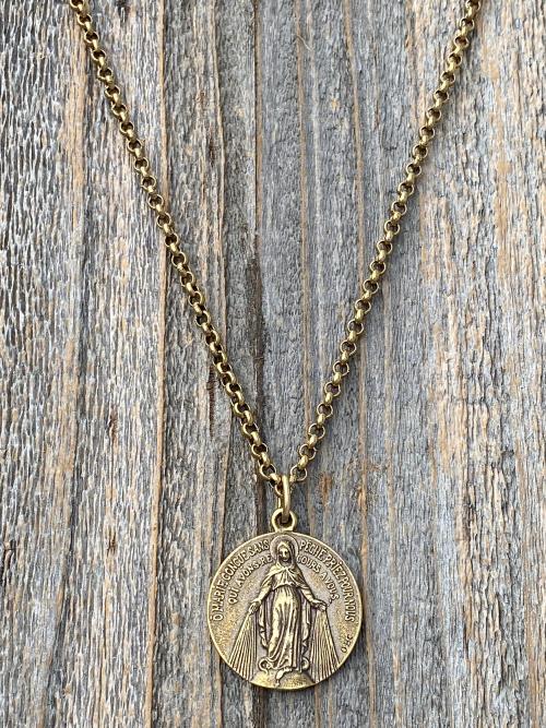 Antique Gold Large French Miraculous Medal, Antique Replica, Big Round Miraculous Medal, Gold Miraculous Pendant Necklace, by OBC, France