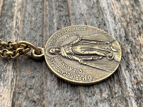 Antique Gold Large French Miraculous Medal, Antique Replica, Big Round Miraculous Medal, Gold Miraculous Pendant Necklace, by OBC, France