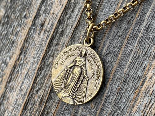 Antique Gold Large French Miraculous Medal, Antique Replica, Big Round Miraculous Medal, Gold Miraculous Pendant Necklace, by OBC, France