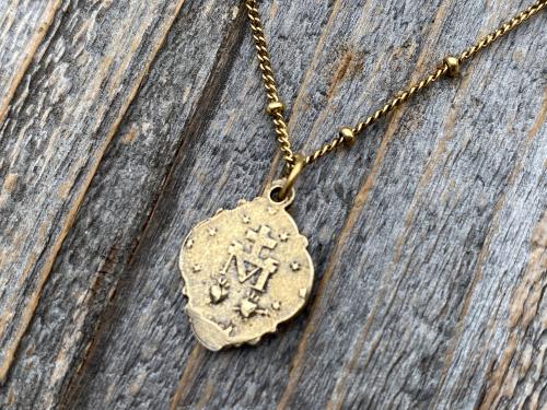 Antique Gold Small Miraculous Medal Pendant Necklace On Satellite Chain, Antique Replica, Art Nouveau, Blessed Virgin Mary Medal Pendant MM3