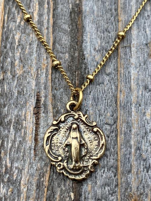 Antique Gold Small Miraculous Medal Pendant Necklace On Satellite Chain, Antique Replica, Art Nouveau, Blessed Virgin Mary Medal Pendant MM3