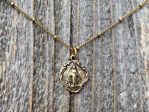 Antique Gold Small Miraculous Medal Pendant Necklace On Satellite Chain, Antique Replica, Art Nouveau, Blessed Virgin Mary Medal Pendant MM3