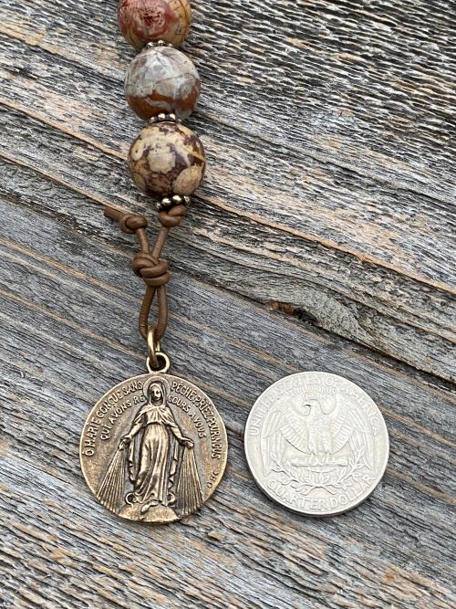 Large Single Decade Rosary, Walnut hand-carved Crucifix Comfort Cross, Miraculous Medal, Birds Eye Rhyolite Gemstones, ByRon Palm Cross