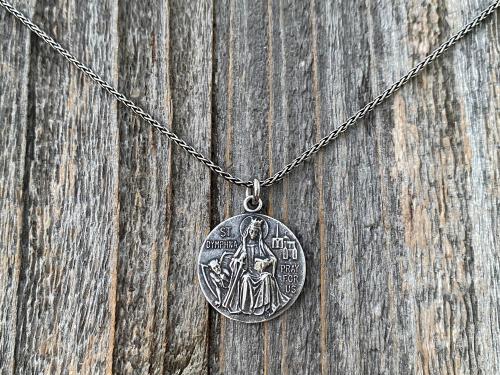 Sterling Silver St. Dymphna Medal and Necklace, Antique Replica Saint Dymphna Pendant, Saint of Anxiety, Saint of Mental Illness Pray For Us