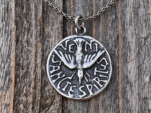 Sterling Silver Holy Spirit Medal Pendant Necklace, Antique Replica, Latin, Veni Sancte Spiritus, Come Holy Spirit, Descending Dove Pendant