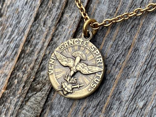 Antique Gold Come Holy Spirit Medal, Holy Ghost Pendant Necklace, Antique Replica, Sacred Heart of Jesus, Veni Sancte Spiritus Medal, VSS-1