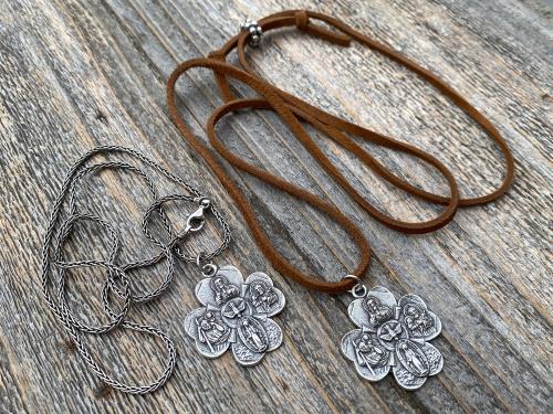 Sterling Silver Large Shamrock 4-Way Medal Pendant Necklace, Antique Replica, 5-Way Medal, Miraculous Medal, Sacred Heart of Jesus Medal