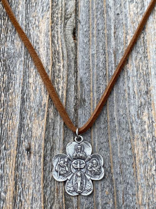 Sterling Silver Large Shamrock 4-Way Medal Pendant Necklace, Antique Replica, 5-Way Medal, Miraculous Medal, Sacred Heart of Jesus Medal