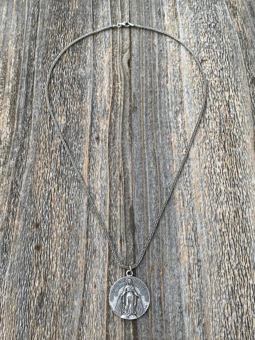 Sterling Silver Large French Miraculous Medallion, Antique Replica, Big Round Miraculous Medal, Miraculous Pendant Necklace, by OBC, France