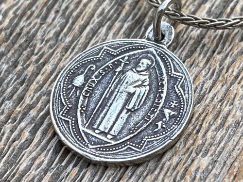 Sterling Silver Small French St Benedict Medal Pendant Necklace, Antique Replica, Crux Sancti Patris Benedicti, Holy Father Saint Benedict