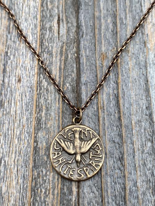 Bronze Holy Spirit Dove Pendant, Antique Replica, Latin Veni Sancte Spiritus Medal, from Argentina, Holy Ghost Necklace, Come Holy Spirit