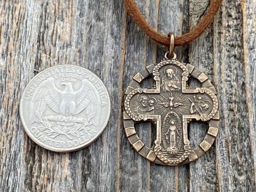 Antique Replica Bronze Five 5 Way Medal Pendant, Leather or Chain, 5-Way Scapular 4-Way, 4 Way Cross, Unisex, Sacred Heart, Miraculous Medal