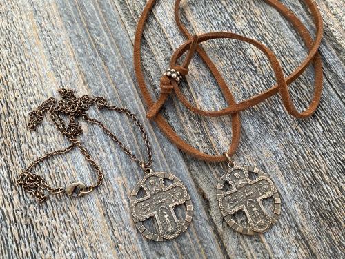 Antique Replica Bronze Five 5 Way Medal Pendant, Leather or Chain, 5-Way Scapular 4-Way, 4 Way Cross, Unisex, Sacred Heart, Miraculous Medal