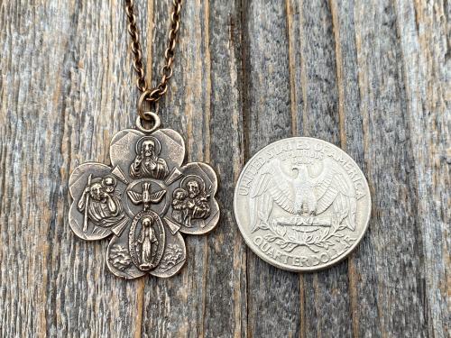 Antique Replica Bronze Large Shamrock 4-Way Medal Pendant, Leather or Chain, 5-Way Medal, Miraculous Medal, Sacred Heart of Jesus Medal