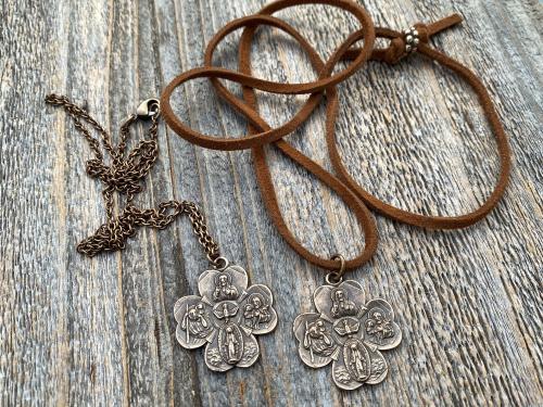 Antique Replica Bronze Large Shamrock 4-Way Medal Pendant, Leather or Chain, 5-Way Medal, Miraculous Medal, Sacred Heart of Jesus Medal