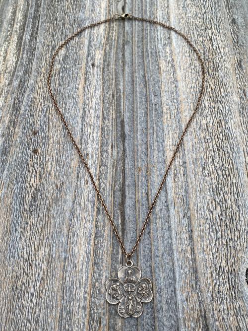 Antique Replica Bronze Large Shamrock 4-Way Medal Pendant, Leather or Chain, 5-Way Medal, Miraculous Medal, Sacred Heart of Jesus Medal