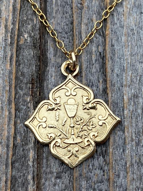 Gold Holy Eucharist, Holy Communion, Wavy Diamond Pendant Medal Necklace, Antique Replica from France, French Art Nouveau Communion Medal