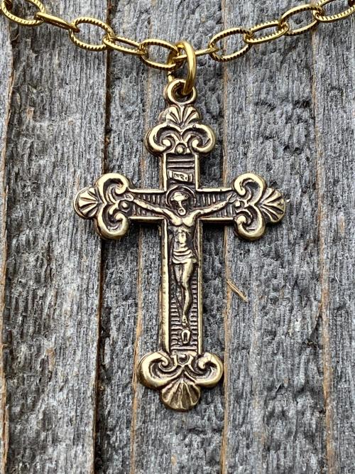 Antique Gold Small Crucifix Pendant Necklace, Antique Replica, Historic Reproduction, Petite Crucifix on a Textured Cable Chain Necklace