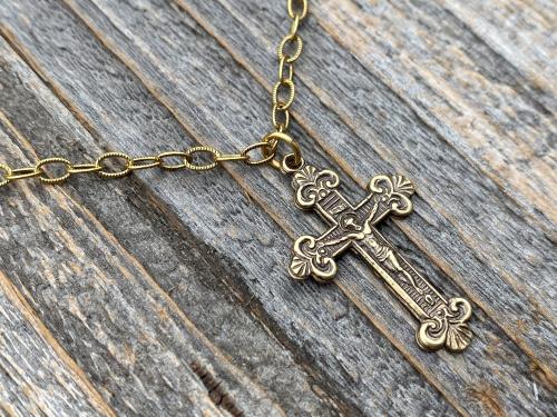 Antique Gold Small Crucifix Pendant Necklace, Antique Replica, Historic Reproduction, Petite Crucifix on a Textured Cable Chain Necklace