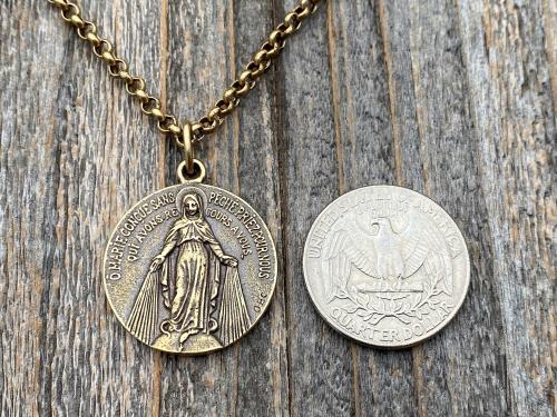 Antique Gold Large French Miraculous Medal, Antique Replica, Big Round Miraculous Medal, Gold Miraculous Pendant Necklace, by OBC, France