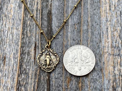 Antique Gold Small Miraculous Medal Pendant Necklace On Satellite Chain, Antique Replica, Art Nouveau, Blessed Virgin Mary Medal Pendant MM3