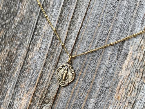 Antique Gold Small Miraculous Medal Pendant Necklace On Satellite Chain, Antique Replica, Art Nouveau, Blessed Virgin Mary Medal Pendant MM3